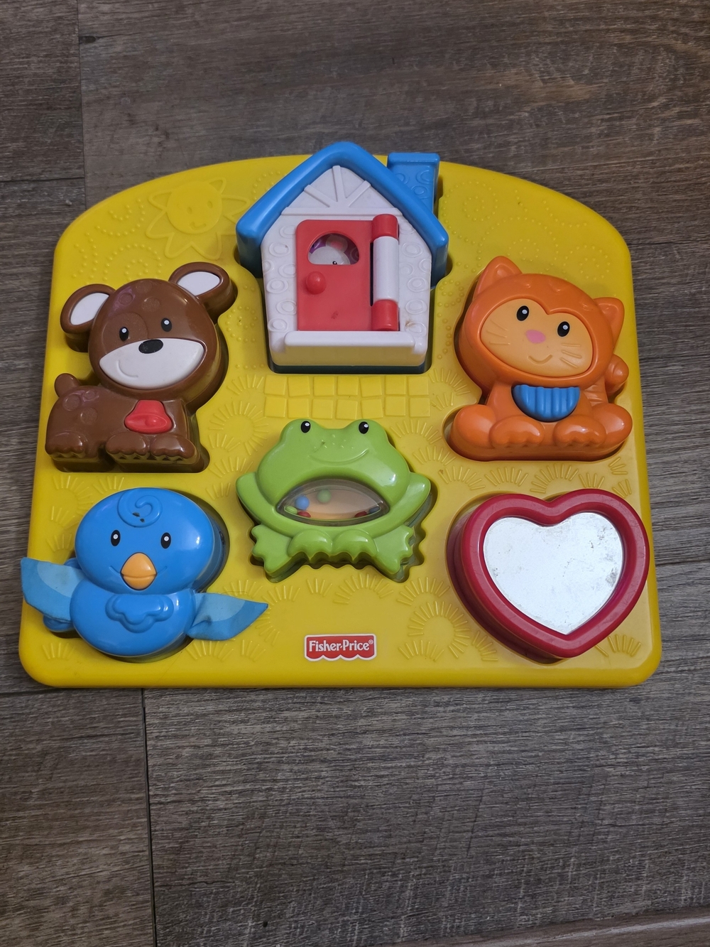 Fisher-Price Bright Yellow Activity Puzzle Board with Colorful Animal Pieces